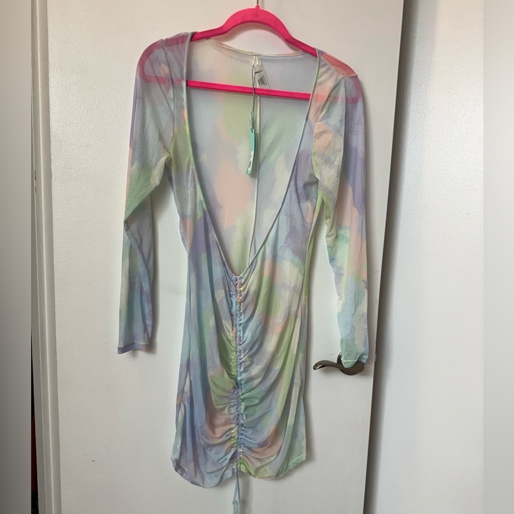 NWT - Fashion Nova Mesh Ruched Cover Up Dress - Multi Color, 1X